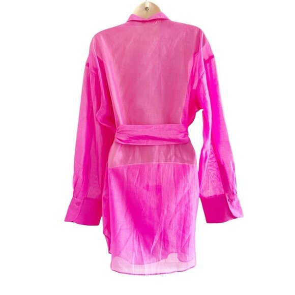 Grey Lab Woman's Sz S Pink Sheer Oversize Overshirt in Pink with Belt - Picture 5 of 9